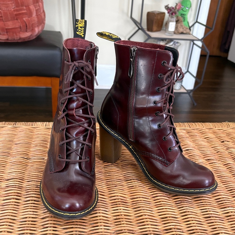 Dr. Martens Burgundy Lace-Up Women's High Heel Sadie Combat Boots